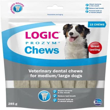 Logic Prozym Chews: Dental Care For Dogs & Puppies 6+ Mos., Large & Medium Sizes, Low Calorie, 15 Neutral Chews