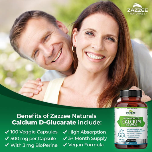 Zazzee High Absorption Calcium D-Glucarate, 500 Mg Per Capsule, 3 Mg Bioperine For Enhanced Absorption, 100 Vegan Capsules, Plus Broccoli 10:1 Extract, 100% Vegetarian, Cdg, All-Natural And Non-Gmo