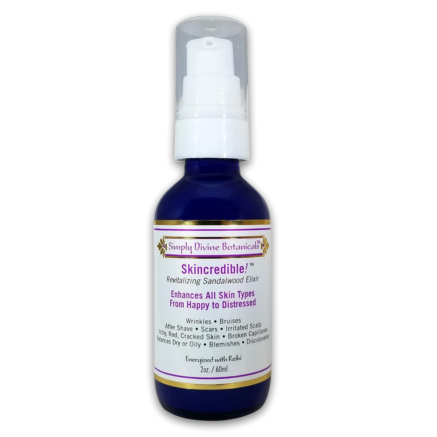 Simply Divine Botanicals Skincredible Sandalwood Revitalizing Elixir For Fine Lines And Wrinkles, Discoloration, Rosacea, Blemishes, 2 Oz
