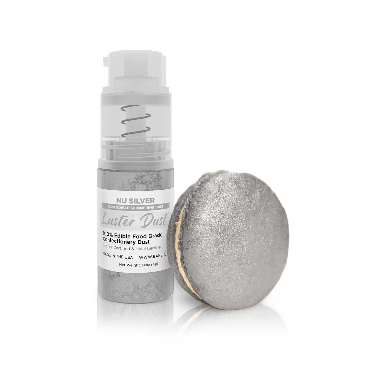 Luster Dust - Nu Silver (4G 1X Pump) | Edible Vegan Dust & Paint For Cake Decorating, Ice Cream, Desserts, Cocktails And Beverages By Bakell