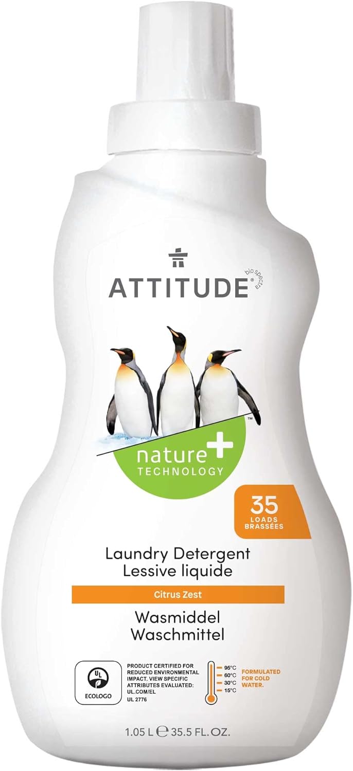 ATTITUDE Liquid Laundry Detergent, EWG Verified Laundry Soap, HE Compatible, Vegan and Plant Based Products, Cruelty-Free, Citrus Zest, 35 Loads, 35.5 Fl Oz