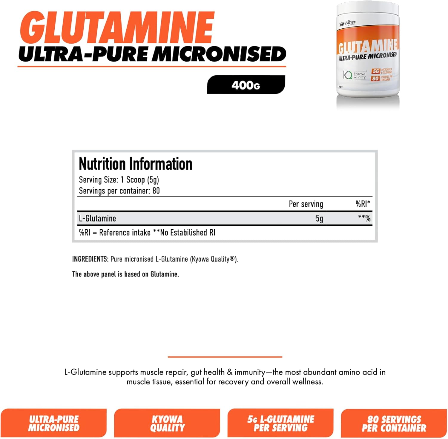 Per4m Kyowa Glutamine 400g : Amazon.co.uk: Health & Personal Care