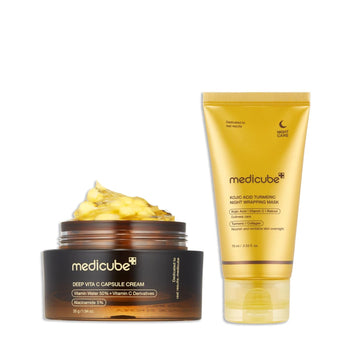 Medicube Glass Skin Refining Duo At Night: Deep Vitamin C Golden Capsule Face Moisturizer And Turmeric Overnight Wrapping Peel Off Mask