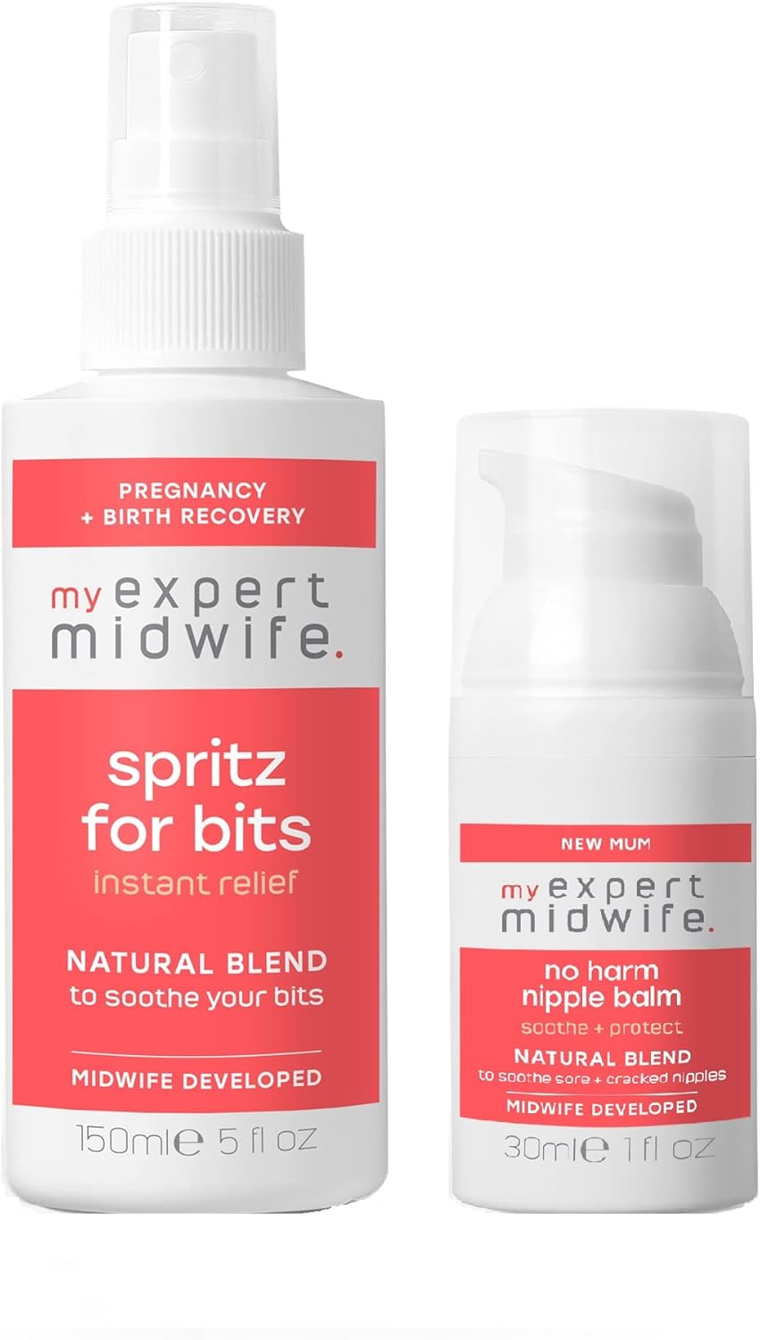 My Expert Midwife Bits and Nips - Birth Prep & Recovery Duo with Spritz for Bits Postnatal Relief Perineal Spray and No Harm Nipple Balm Nipple Cream (Pack of 2)