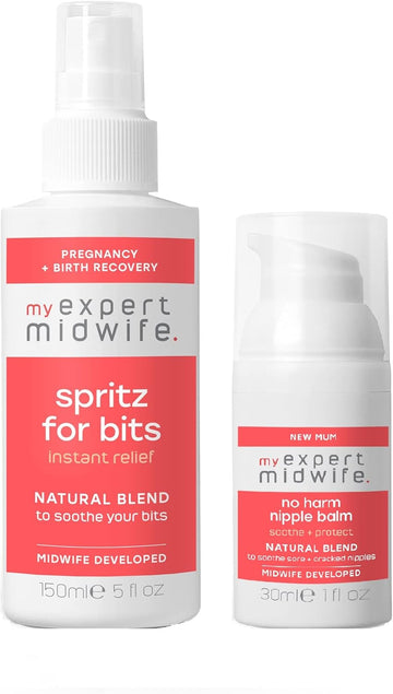 My Expert Midwife Bits and Nips - Birth Prep & Recovery Duo with Spritz for Bits Postnatal Relief Perineal Spray and No Harm Nipple Balm Nipple Cream (Pack of 2)
