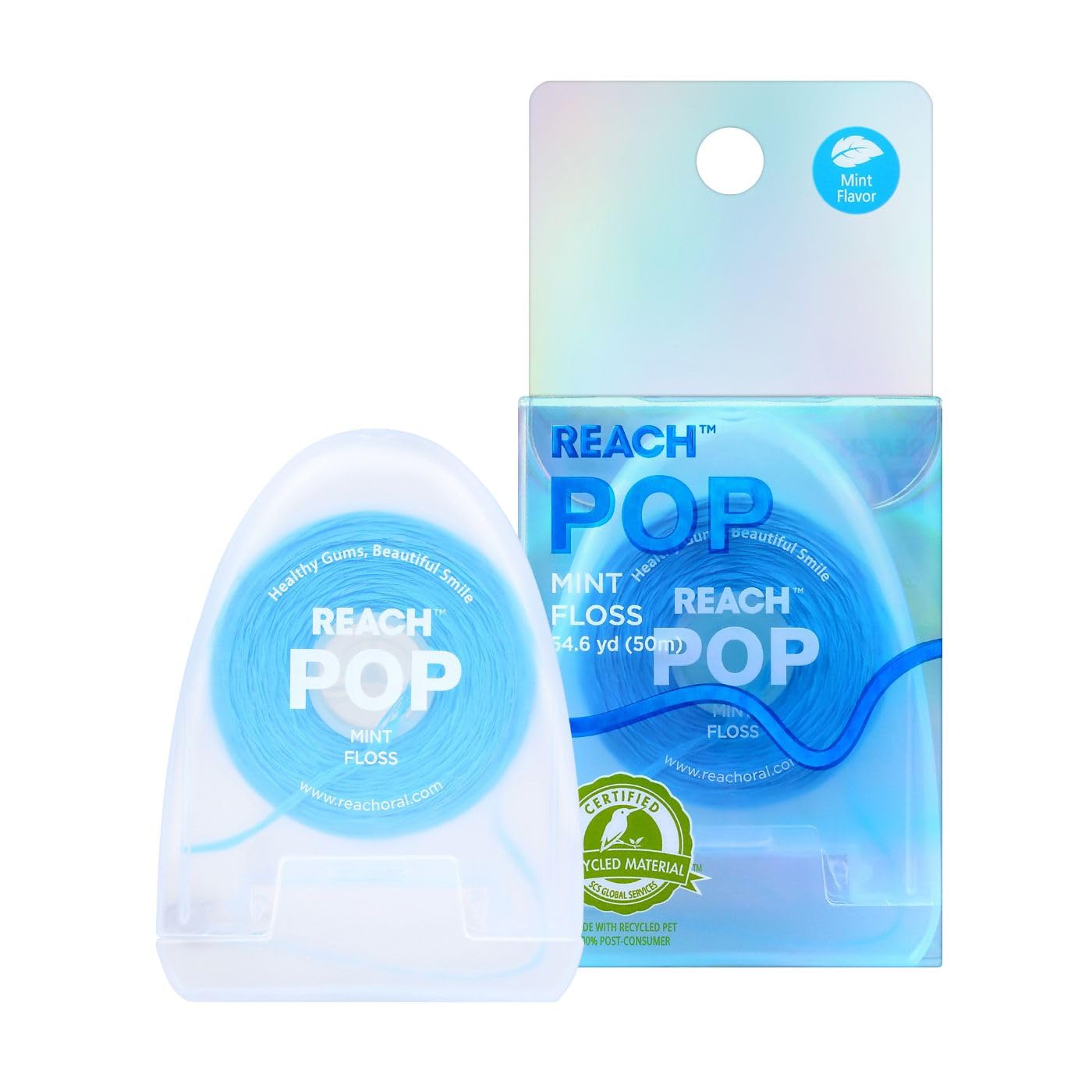 REACH POP Dental Floss | Vegan Wax & PFAS-Free | Durable & Shred Resistant | Slides Smoothly & Easily | Effective Plaque Removal | Blue Color Floss | Mint, 54.7 YD