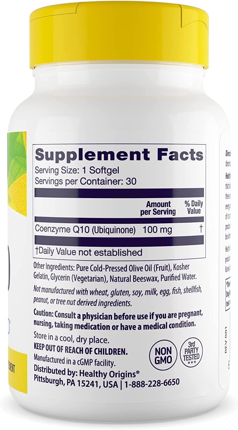 Healthy Origins CoQ10 (Kaneka Q10) 100mg Softgels - Heart Health & Energy Supplement - Gluten Free - Non-GMO - 30 Softgels