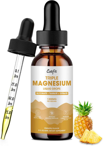 Liquid Magnesium Taurate, Glycinate & Citrate 1300Mg, Triple Magnesium Complex With Potassium, Phospholipid, Omega-3 For Energy, Sleep And Bone Health, Sugar Free, Pineapple Flavor, 2 Fl Oz