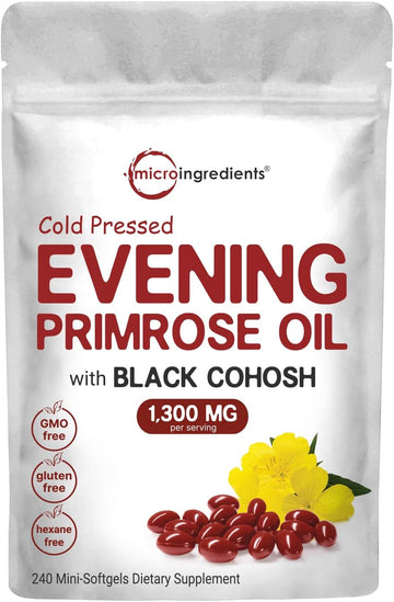Micro Ingredients Evening Primrose Oil 1300mg Perserving, 240 Softgels | Enhanced with 40mg Black Cohosh Extract, Cold Pressed – 10% Active GLA, Non-GMO, No Gluten, Easy to Swallow