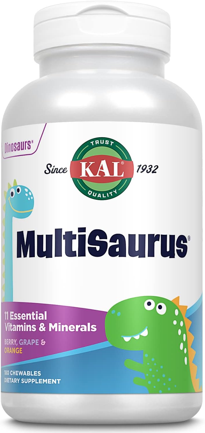 Kal Multisaurus Kids Chewable Multivitamins, 11 Essential Vitamins And Minerals For Kids, Berry, Grape, Orange Chewables, Gluten And Fructose Free, 180 Servings, 180 Dinosaur-Shaped Chewables