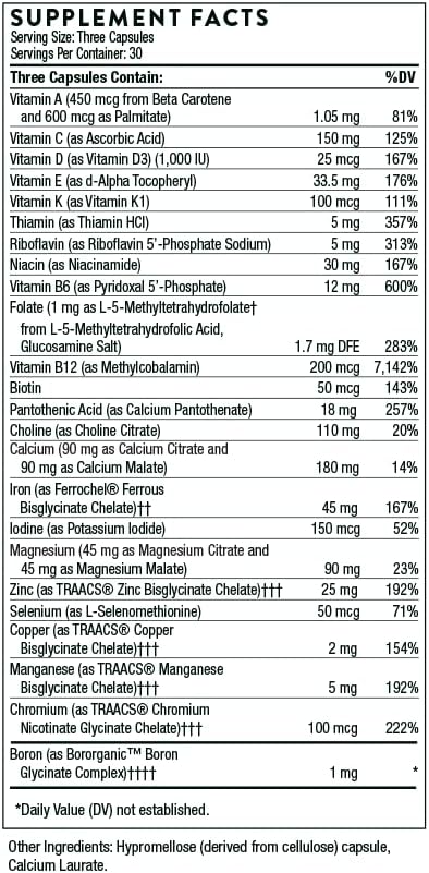 Thorne Basic Prenatal - Well-Researched Folate Multi For Pregnant And Nursing Women Includes 18 Vitamins And Minerals, Plus Choline - 90 Capsules - 30 Servings