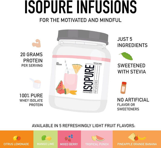 Isopure Clear Whey Isolate Protein Powder Infusions, Lactose Free, Gluten Free, Naturally Flavored, Mango Lime, 20G Protein Per Serving, 14.1 Oz, 16 Servings