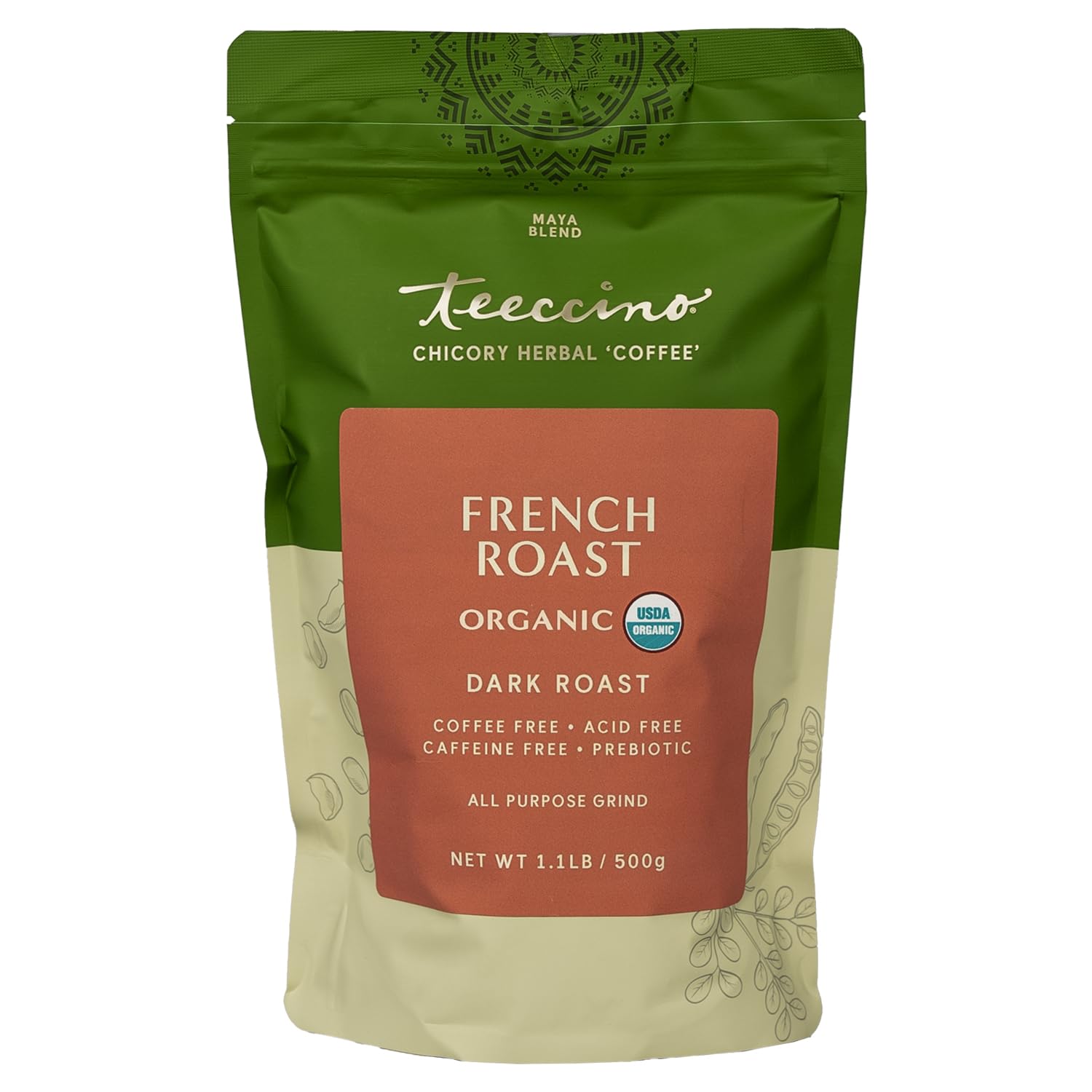 Teeccino French Roast Chicory Coffee Alternative - Ground Herbal Coffee That’S Prebiotic, Caffeine-Free & Acid Free, Dark Roast, 1.1 Pound