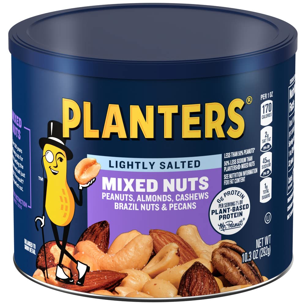 Planters Lightly Salted Mix Nuts, Party Snacks, Plant-Based Protein, 10 Oz Canister