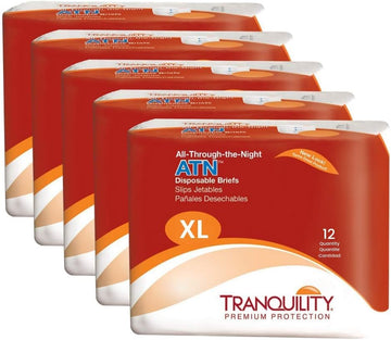 Tranquility Atn Adult Disposable Briefs, Refastenable Tabs With All-Through-The-Night Protection, Xl (56"-64") - 12Ct (Pack Of 5)