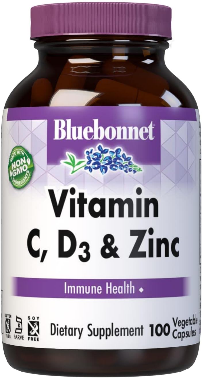 Bluebonnet Nutrition Vitamin C, D3 & Zinc, For Immune Health And Respiratory Function*, Soy-Free, Gluten-Free, Non-Gmo, Kosher Certified, Dairy-Free, 100 Vegetable Capsules, 100 Servings