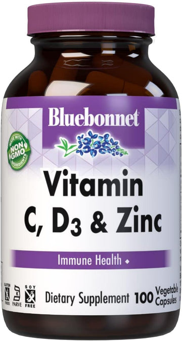 Bluebonnet Nutrition Vitamin C, D3 & Zinc, For Immune Health And Respiratory Function*, Soy-Free, Gluten-Free, Non-Gmo, Kosher Certified, Dairy-Free, 100 Vegetable Capsules, 100 Servings