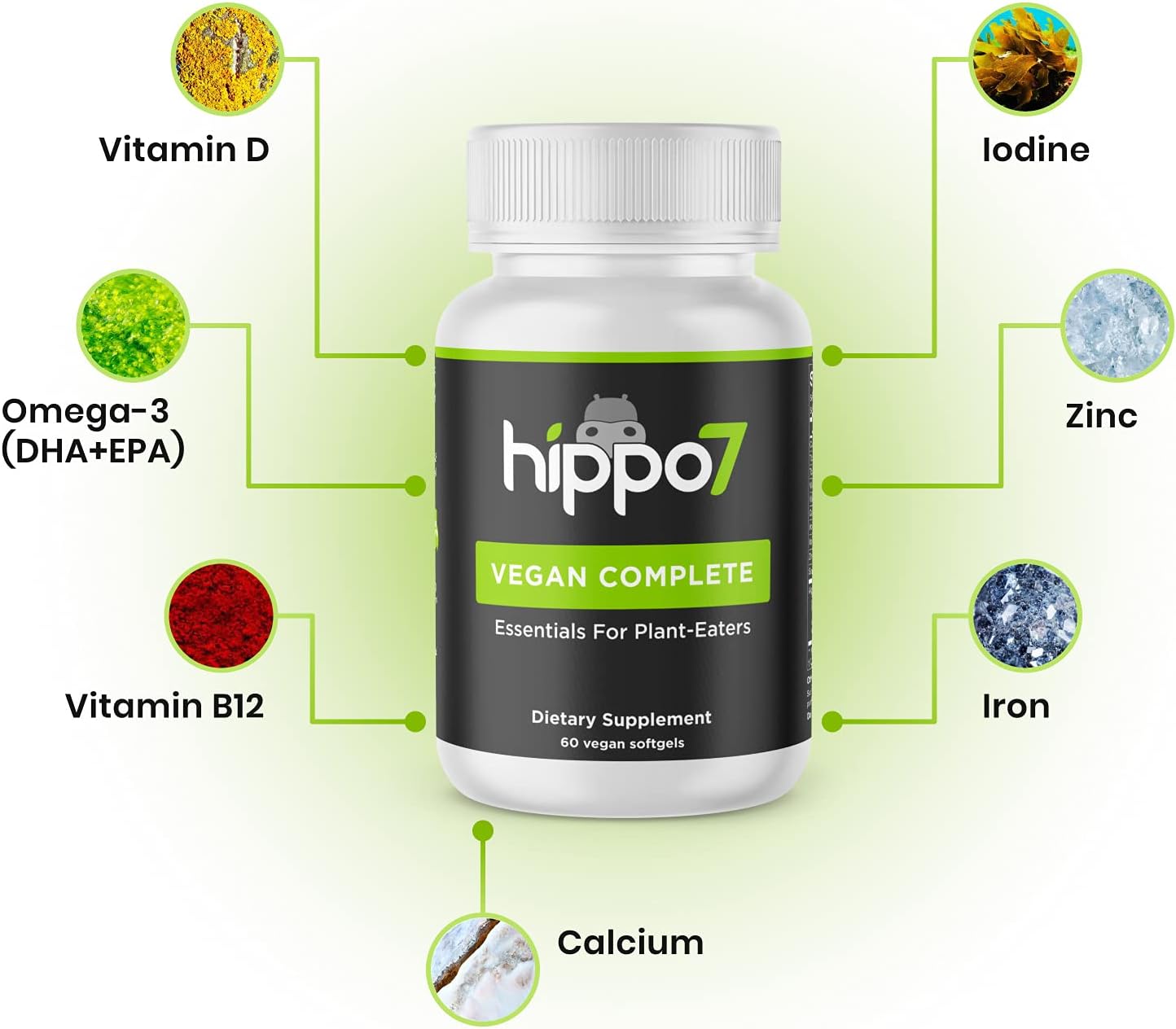Hippo7 Vegan Complete Multivitamin Vitamin B12, Vitamin D, Omega-3 DHA+EPA, Calcium, Iodine, Zinc & Iron. (1 Bottle, 60 Softgels) : Health & Household