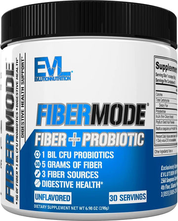 Evlution Nutrition FiberMode Fiber Plus Probiotic - 5 Grams of Fiber, Digestive Health, 1 Billion CFU Probiotics, Immune Support, 30 Servings, Unflavored