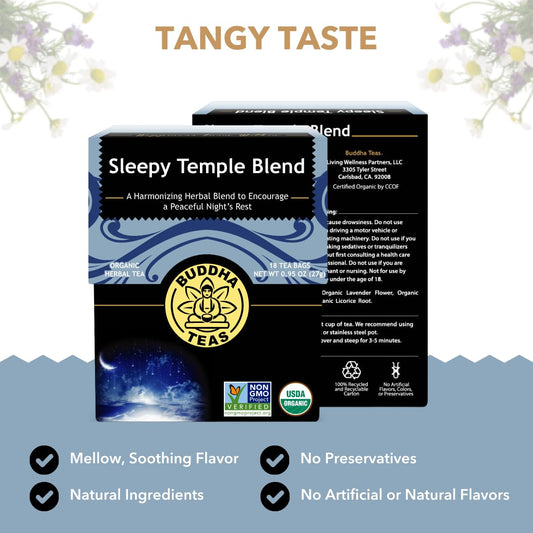 Buddha Teas - Sleepy Temple Blend - Organic Herbal Tea - For Health & Wellbeing - Blend Of Herbs & Flowers - Clean Ingredients - Caffeine Free - Ou Kosher & Organic - Non-Gmo - 18 Bleach-Free Tea Bags