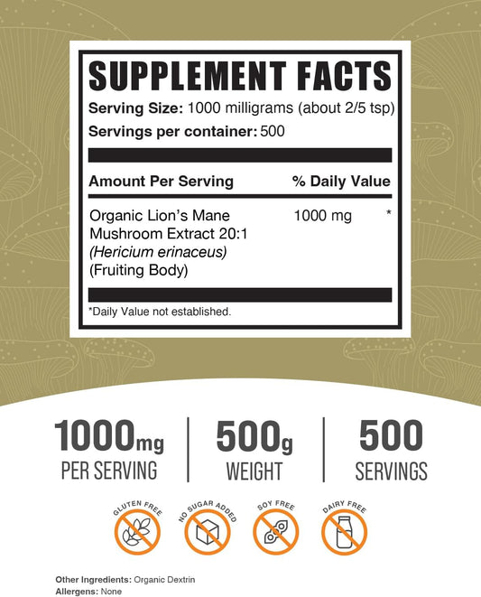 BulkSupplements.com Organic Lion's Mane Mushroom Extract Powder - Lions Mane Supplement Powder, Lion's Mane Extract - Mushroom Supplement, 1000mg per Serving, 500g (1.1 lbs) (Pack of 1)