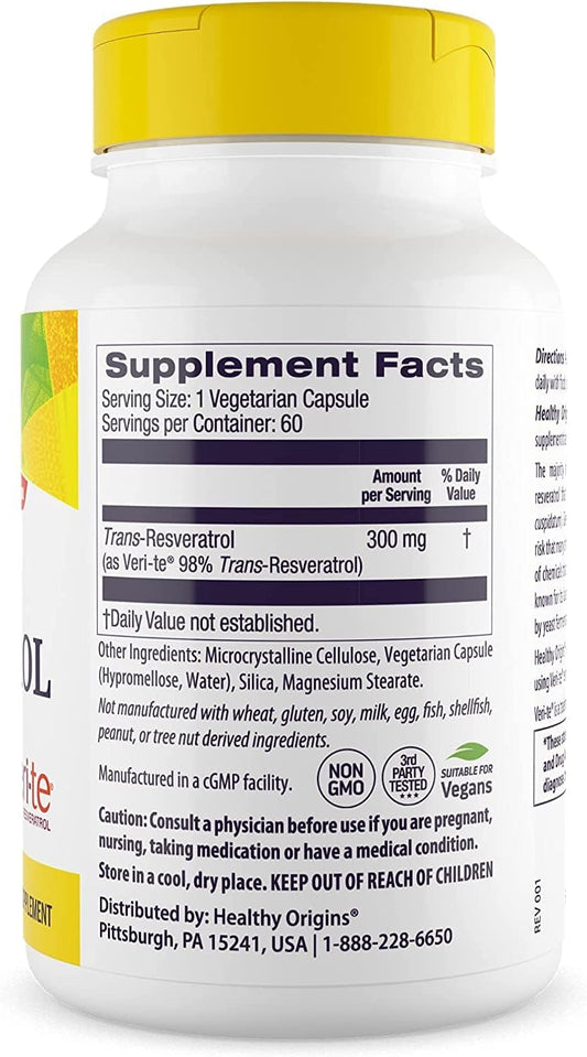 Healthy Origins Resveratrol (Trans-Resveratrol), 300 mg - European Resveratrol Nutritional Supplements - Vegan, Non-GMO & Gluten-Free Antioxidant Supplement - 60 Veggie Capsules