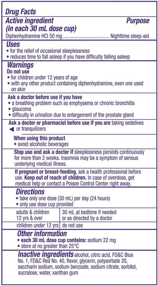 ZzzQuil, Nighttime Sleep Aid Liquid, 50 mg Diphenhydramine HCl, No.1 Sleep-Aid Brand, Calming Vanilla Cherry Flavor, Non-Habit Forming, 12 FL OZ