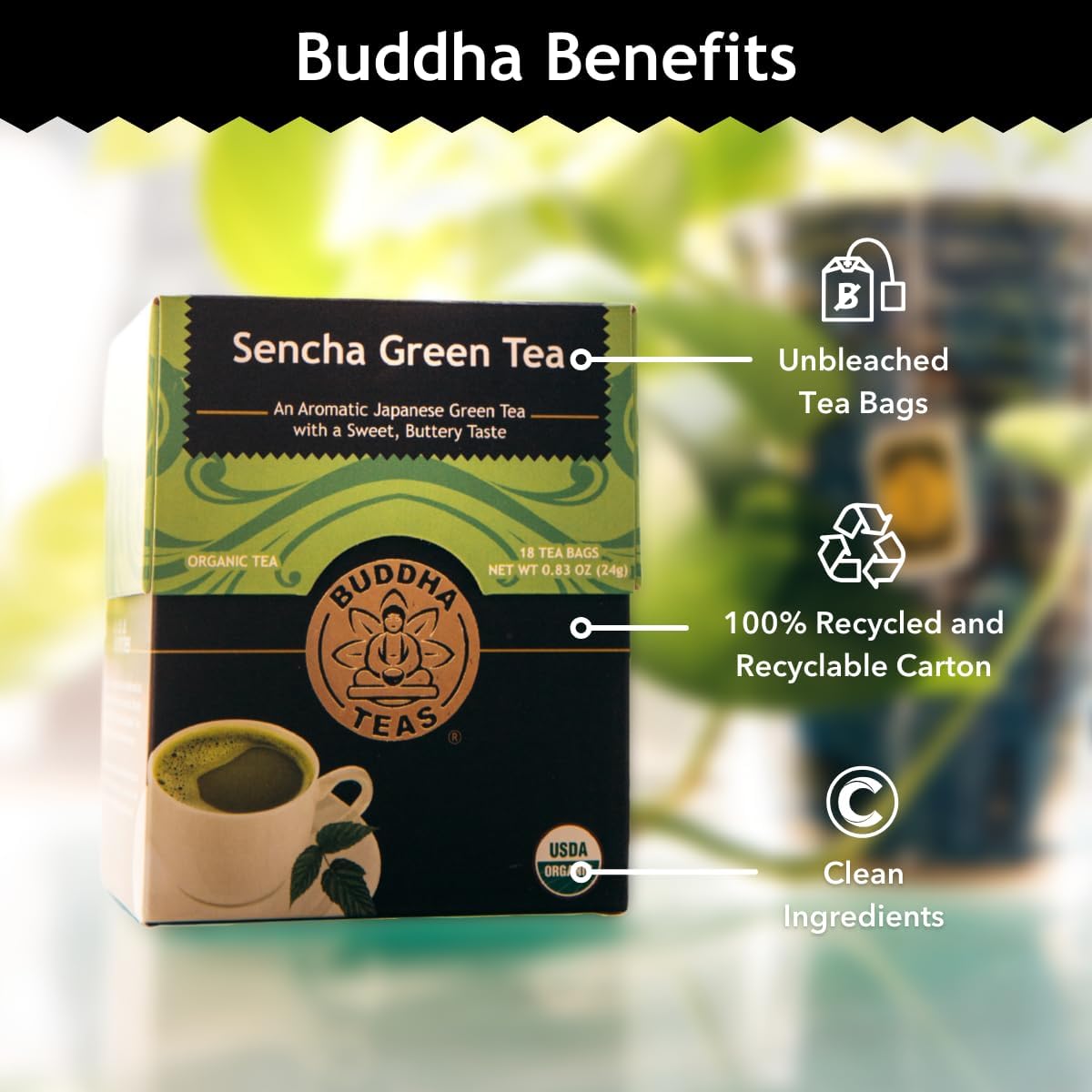 Buddha Teas - Organic Sencha Green Tea - For Health & Wellbeing - Japanese Green Tea - With Antioxidants & Minerals - Clean Ingredients - Caffeinated - Ou Kosher & Non-Gmo - 18 Tea Bags (Pack Of 1)