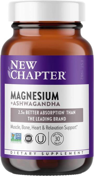 Magnesium, New Chapter Magnesium + Ashwagandha Supplement, 2.5X Absorption, Muscle Recovery, Heart & Bone Health, Calm & Relaxation, Gluten Free, Non-GMO - 30 ct