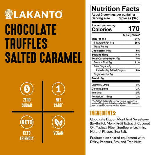 Lakanto Sugar Free Chocolate Truffles - Sweetened with Monk Fruit, Keto Diet Friendly, Vegan, 1 Net Carb, Creamy, Smooth, Delicious (Salted Caramel - Pack of 3)