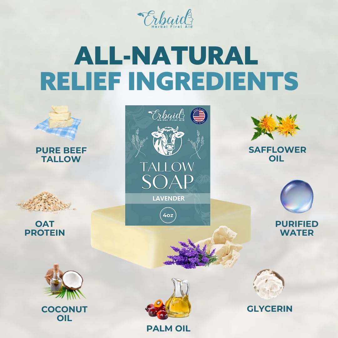Beef Tallow Soap Bar – All Natural Grass Fed Tallow Soap Lavender – Moisturizing Face & Body Wash Great For Eczema, Dry, Itchy, Sensitive Skin – Handcrafted Bath Soap For Adults, Kids, Made In Usa