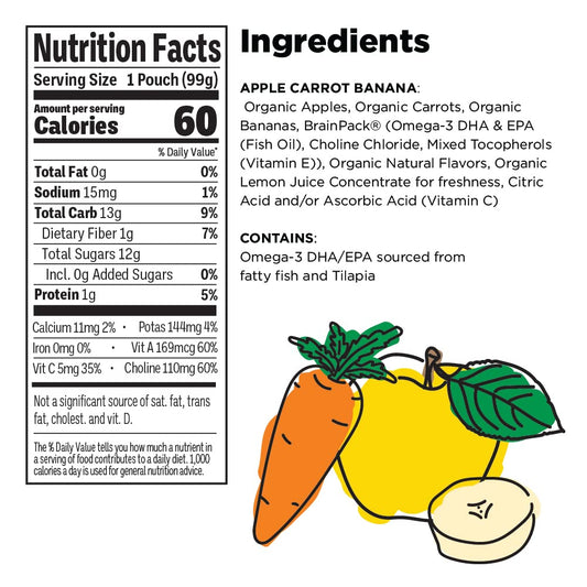 Little Brainiac Organic Fruit & Veggie Snack Pouches, Apple, Carrot, Banana Puree with Brain-Supporting Nutrients, Toddler Snacks, Clean Label, BPA-Free, Non-GMO (3.5 oz, Pack of 12)