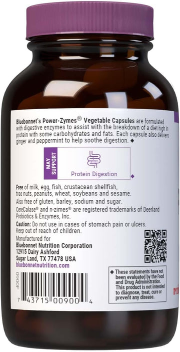 Bluebonnet Nutrition Power-Zymes, Protein Digestive Support*, Soy-Free, Gluten-Free, Dairy-Free, 90 Vegetable Capsules, 90 Servings