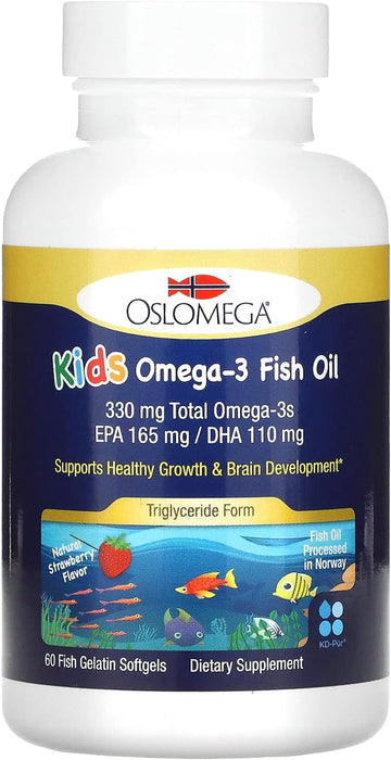 Kid?s Omega-3 Fish Oil, Natural Strawberry Flavor, 60 Fish Gelatin Softgels, Oslomega