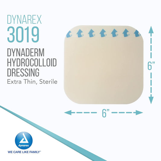 Dynarex Dynaderm Hydrocolloid Dressings, Sterile Moist Bandages Used For All Kinds Of Wounds, 6" X 6," Extra Thin & Latex-Free, Ships In Peel-Down Patches, 1 Case - 12 Boxes Of 5 Dressings