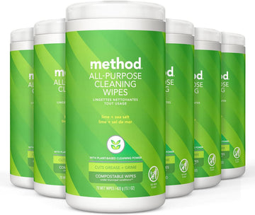 Method All-Purpose Cleaning Wipes, Lime + Sea Salt, Multi-Surface, Compostable, 70 Count (Pack Of 6)