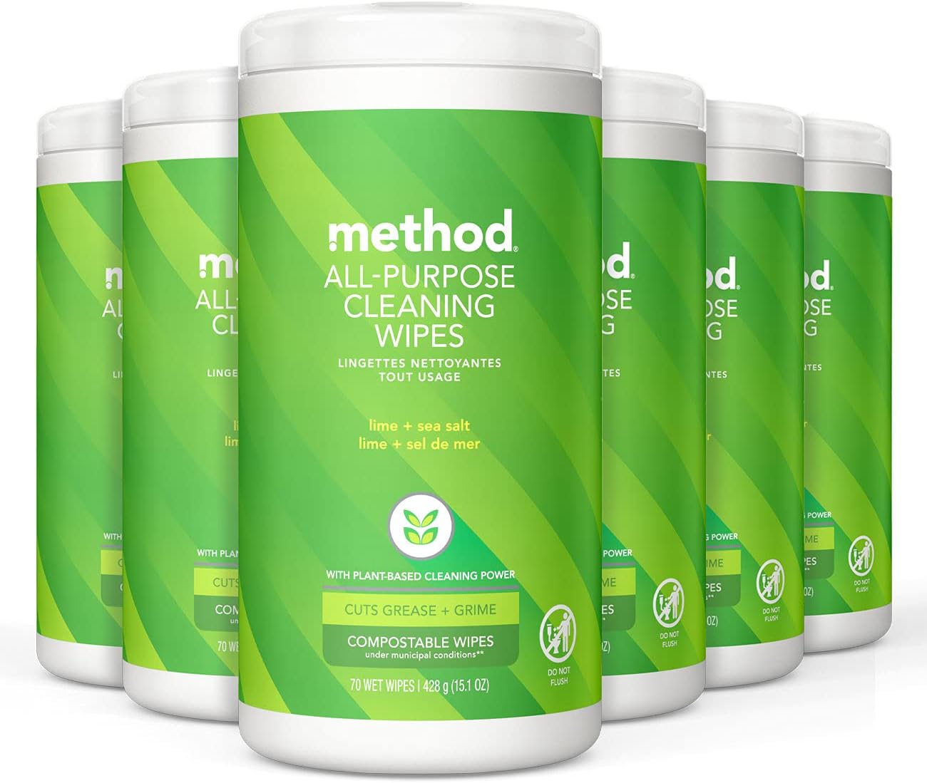 Method All-Purpose Cleaning Wipes, Lime + Sea Salt, Multi-Surface, Compostable, 70 Count (Pack of 6)