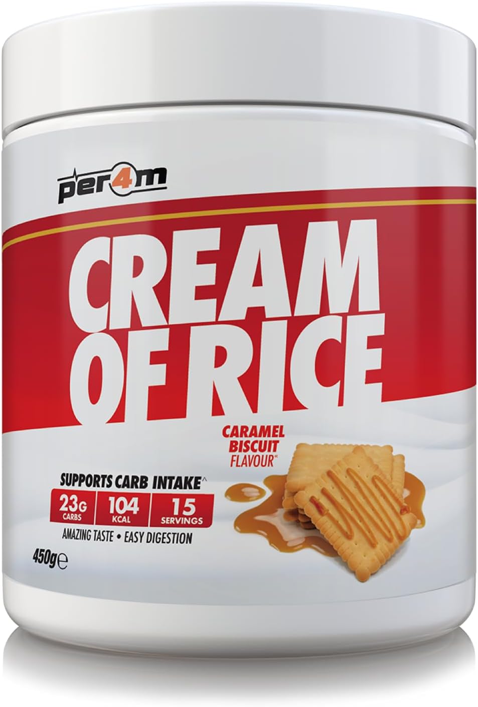 Per4M Cream Of Rice | 15 Servings | High Carbohydrate Cream Of Rice | Breakfast Replacement | Low Sugar Gym Supplements 450G New Improved Formula (Caramel Biscuit, 450G)