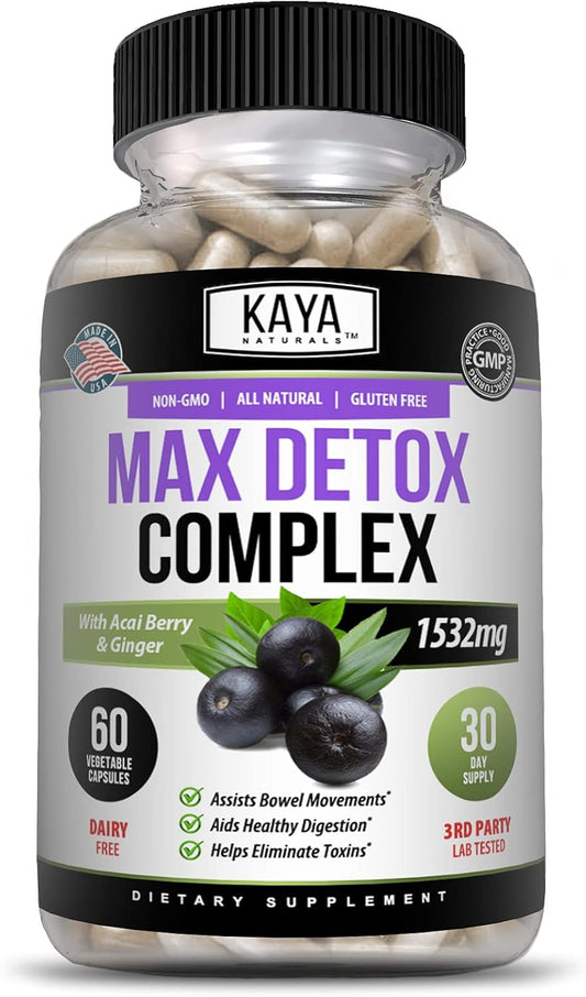 Kaya Naturals - Max Detox - 100% Natural, Healthy, Safe & New, Pure Herbal Ingredients, Vitamin Supplement For Body Cleanse For Body Cleanse To Remove Harmful Toxins And Boost Metabolism (60 Capsules)