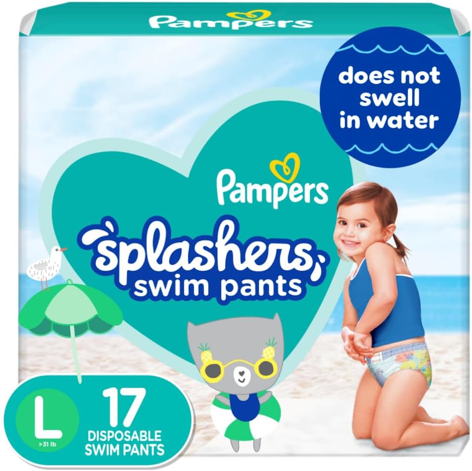 Pampers Splashers Swim Diapers - Size L, 17 Count, Gap-Free Disposable Baby Swim Pants