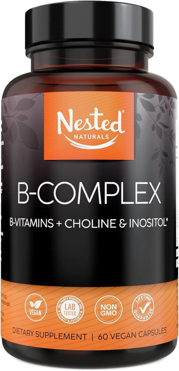 Nested Naturals B-Complex B Vitamins Plus Choline & Inositol | B Vitamins Complex B1, B2, B3, B5, B6, B7, B9 Supplement With Pure Methyl Vitamin B 12 | Energy & Immunity Support | 60 Vegan Capsules