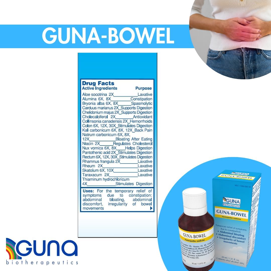 Guna Bowel Homeopathic Medicine for Constipation Abdominal Bloating, Discomfort, Irregular Bowel Movements - 1 Ounce : Health & Household