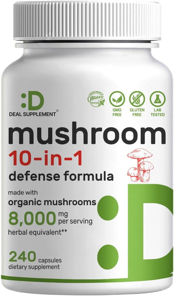 Organic Mushroom Supplement, 8,000Mg Per Serving, 240 Capsules – 10 In 1 Defense Formula – Turkey Tail, Lions Mane, Cordyceps, Chaga, & More – Immune, Energy, & Brain Support – Non-Gmo