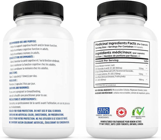 Renew Actives Brain Health Support – Bacopa 300Mg, Ginkgo 100Mg, Lion’S Mane 200Mg Per 2 Capsules – Supports Cognitive Health, Enhanced Memory, Promotes Focus & Mood – Made In Canada - 90 Capsules