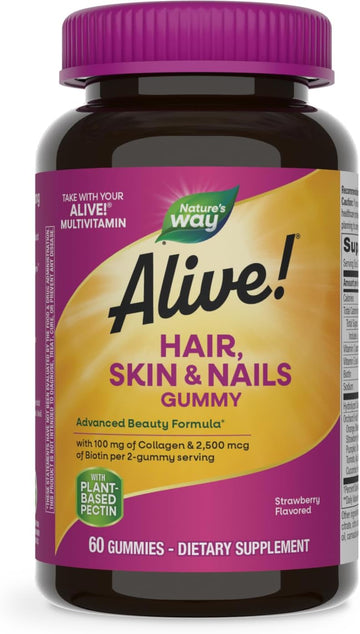 Nature'S Way Alive! Hair, Skin & Nails Gummies, Advanced Beauty Formula*, With Biotin And Collagen, Strawberry Flavored, 60 Gummies (Packaging May Vary)