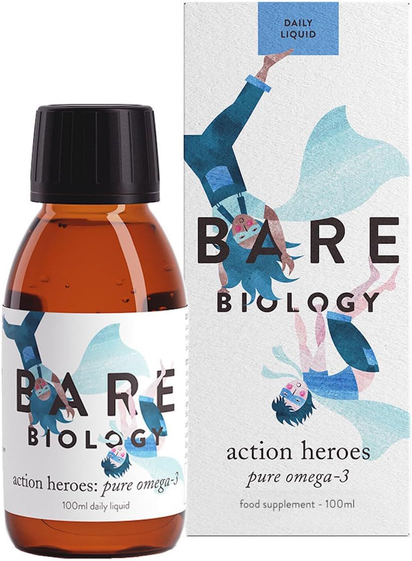 Bare Biology Omega 3 Fish Oil for Kids - Action Heroes Liquid Supplement (100ml, 20-100 Servings) EPA 130mg DHA 500mg, Supports Brain Function & Eyes, from 6 Months, Sustainably Sourced Fish