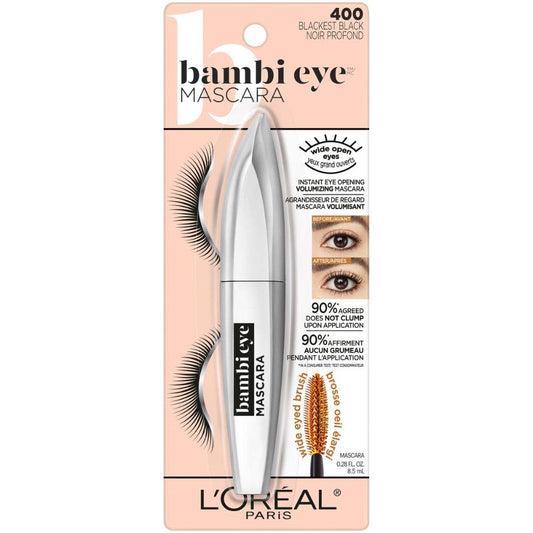 L'Oreal Paris Makeup Bambi Eye Mascara, Lasting Volume, Length & Lift, Doe-Eye Definition, No Clumping, Washable, Blackest Black 0.21 Fl Oz