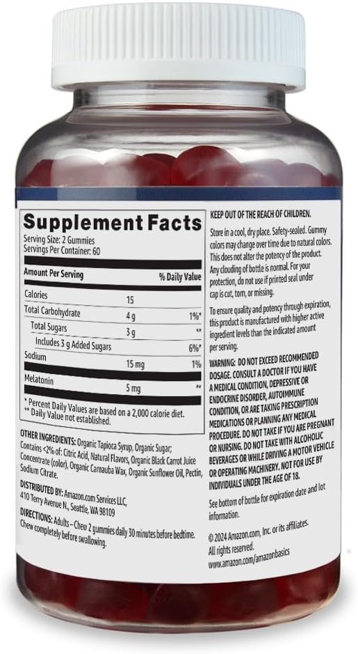 Amazon Basics Melatonin 5Mg, 120 Gummies (2 Per Serving), Strawberry (Previously Solimo)