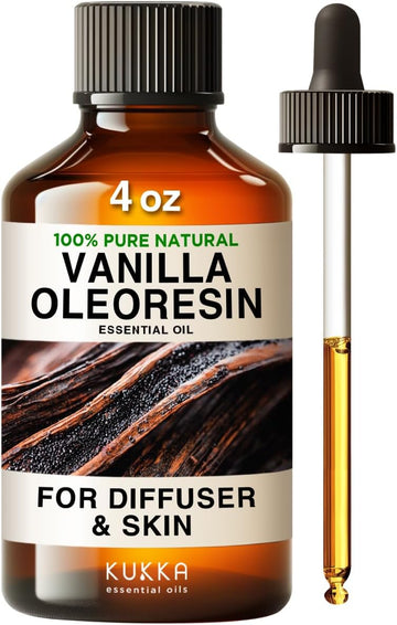 Kukka Vanilla Essential Oil For Diffuser - 100% Pure Natural Vanilla Oleoresin Essential Oil - Vanilla Essential Oil For Skin - Long Lasting Vanilla Oil Perfume - Soap Making Scent & Diy (4 Fl Oz)