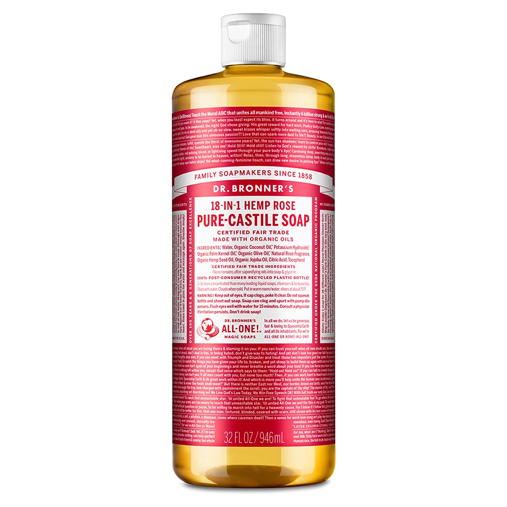 Dr. Bronner's - Pure-Castile Liquid Soap (Rose, 32 ounce) - Made with Organic Oils, 18-in-1 Uses: Face, Body, Hair, Laundry, Pets & Dishes, Concentrated, Vegan, Non-GMO
